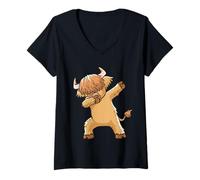 Donna Highland Mucca Dabbing Danza Carino Peloso Scottish Bovini Maglietta con Collo a V