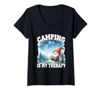 Donna Hiking Gnome Graphic With Sayings Camping Is My Therapy Maglietta con Collo a V