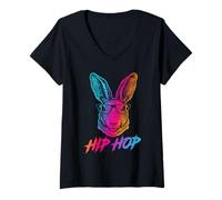 Donna Hip Hop Bunny with Sunglasses Cute Easter Funny Rabbit Lover Maglietta con Collo a V
