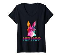 Donna Hip Hop Bunny with Sunglasses Cute Easter Funny Rabbit Lover Maglietta con Collo a V