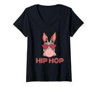 Donna Hip Hop Bunny with Sunglasses Cute Easter Funny Rabbit Lover Maglietta con Collo a V