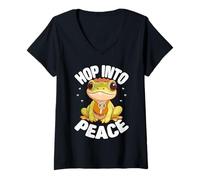 Donna Hippie Frog Groovy 70s Peace Design Vintage Maglietta con Collo a V