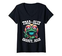 Donna Hippie Frog Groovy Retro Design con 70s Peace Vibe Maglietta con Collo a V