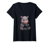 Donna Hippo Photographer Graphic - Divertente maglietta con fotografia di animali Maglietta con Collo a V