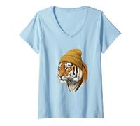 Donna Hipster Tigre in Giallo Beanie Animal Art Maglietta con Collo a V