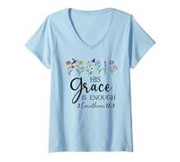 Donna His Grace is Enough 2 Corinthians 12:9 Christian Bible Verse Maglietta con Collo a V