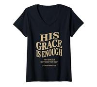 Donna His Grace Is Enough 2 Corinthians 12:9 Versetto della Bibbia Maglietta con Collo a V