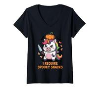 Donna Ho Bisogno di Spooky Snacks Angry Unicorn Halloween Maglietta con Collo a V