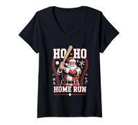 Donna Ho Ho Home Run Baseball Natale Divertente Vacanza Sport Babbo Natale Maglietta con Collo a V