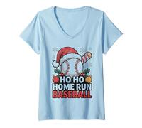 Donna Ho Ho Home Run Divertente Amante del Baseball Cappello di Babbo Natale Maglietta con Collo a V
