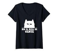 Donna Ho Il Mal di Gente Scritta Divertente Gatto Ironica Maglietta con Collo a V