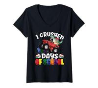Donna Ho schiacciato 100 giorni di scuola T-Rex Dinosaur Monster Truck Maglietta con Collo a V
