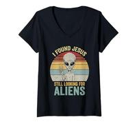 Donna Ho Trovato Gesù Ancora alla Ricerca di Aliens Retro Vintage Maglietta con Collo a V