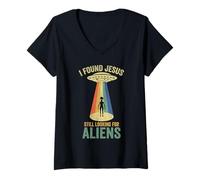 Donna Ho Trovato Gesù Ancora alla Ricerca di Aliens Retro Vintage Maglietta con Collo a V