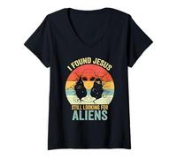 Donna Ho Trovato Gesù Ancora alla Ricerca di Aliens Retro Vintage Maglietta con Collo a V