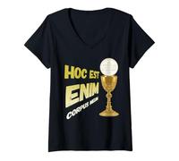 Donna Hoc Est Enim Corpus Meum Eucaristia Latina Design Maglietta con Collo a V