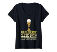 Donna Hoc Est Enim Corpus Meum Eucaristia Latina Design Maglietta con Collo a V