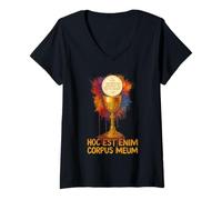 Donna Hoc Est Enim Corpus Meum Eucaristia Latina Design Maglietta con Collo a V