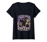 Donna Hocus Pocus Ho Bisogno di caffè per concentrarmi Black Cat Witch Maglietta con Collo a V