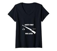 Donna Hog Hunting Safety First Funny Hunter - Motto e Grafica Maglietta con Collo a V