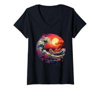 Donna Hokusai La Grande Onda di Kanagawa Nippon Giappone Manga Tokyo Maglietta con Collo a V