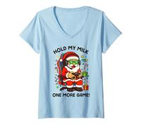 Donna Hold My Milk One More Game Divertente Babbo Natale Gamer Natale Maglietta con Collo a V