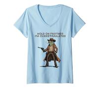 Donna Hold On Partner I'm Overstimulated Cowboy Frog Vintage Maglietta con Collo a V