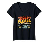 Donna Hold Please I'm On A Break Receptionist Reception Segretario Maglietta con Collo a V