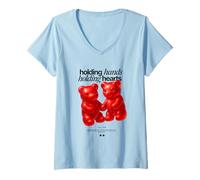 Donna Holding Hands Holding Hearts - Coppia di Orsetti gommosi Rossi Maglietta con Collo a V