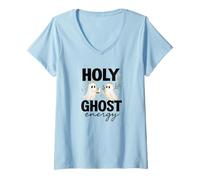 Donna Holy Ghost Energy Cute Halo Ghosts Christian Halloween Maglietta con Collo a V