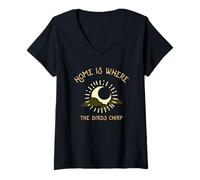 Donna Home Is Where The Birds Chirp (Grafico Naturale) Maglietta con Collo a V