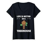 Donna Home Nature tree house quote life better in a treehouse Maglietta con Collo a V