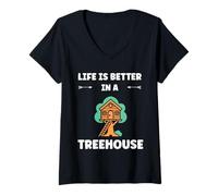 Donna Home Nature tree house quote life better in a treehouse Maglietta con Collo a V
