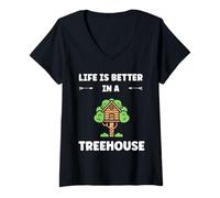 Donna Home Nature tree house quote life better in a treehouse Maglietta con Collo a V