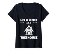 Donna Home Nature tree house quote life better in a treehouse Maglietta con Collo a V