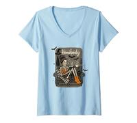 Donna Homebody Skeleton Cozy Halloween Lettura Maglietta con Collo a V