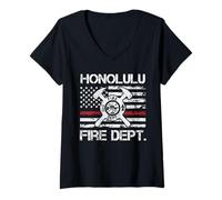 Donna Honolulu Hawaii Vigili del fuoco sottile linea rossa vigile del fuoco Maglietta con Collo a V