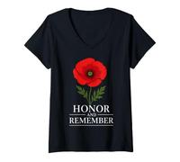 Donna Honor Remember Memorial Day Vintage Poppy Flower Maglietta con Collo a V