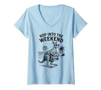 Donna Hop Into The Weekend - Grafica con Animali Canguri Maglietta con Collo a V