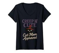 Donna Horror Cat Mom Spooky Black Cat Halloween Estetica Maglietta con Collo a V