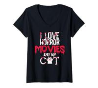 Donna Horror Movies Scary Film Cat Lovers Halloween Fans Thriller Maglietta con Collo a V