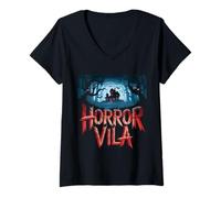 Donna Horror Vila Haunted Mansion Scena Foresta Spaventosa Maglietta con Collo a V