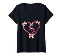 Donna Horseshoe Bow Coquette Heart Horse Mom Girl Horseback Riding Maglietta con Collo a V
