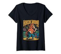 Donna Horsin Intorno 2026 Retro Capodanno Cinese del Cavallo Maglietta con Collo a V