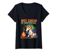 Donna Hot Cocoa Is Magical Unicorn Winter Design Maglietta con Collo a V