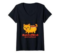 Donna Hot Dog Gatto Kawaii giapponese divertente cibo animale Maglietta con Collo a V