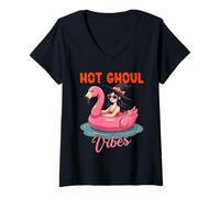 Donna Hot Ghoul Vibes Summer Witch Flamingo Galleggiante Halloween Maglietta con Collo a V