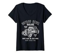 Donna Hotrod Rebel Automotive Nostalgia Vecchia Auto Distressed Design Maglietta con Collo a V