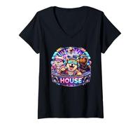 Donna House Music Shiba-Inu Capybara, Design melodico per Feste Maglietta con Collo a V