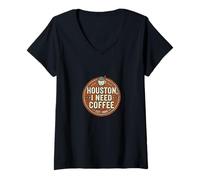 Donna Houston I Need Coffee Funny Quote Maglietta con Collo a V